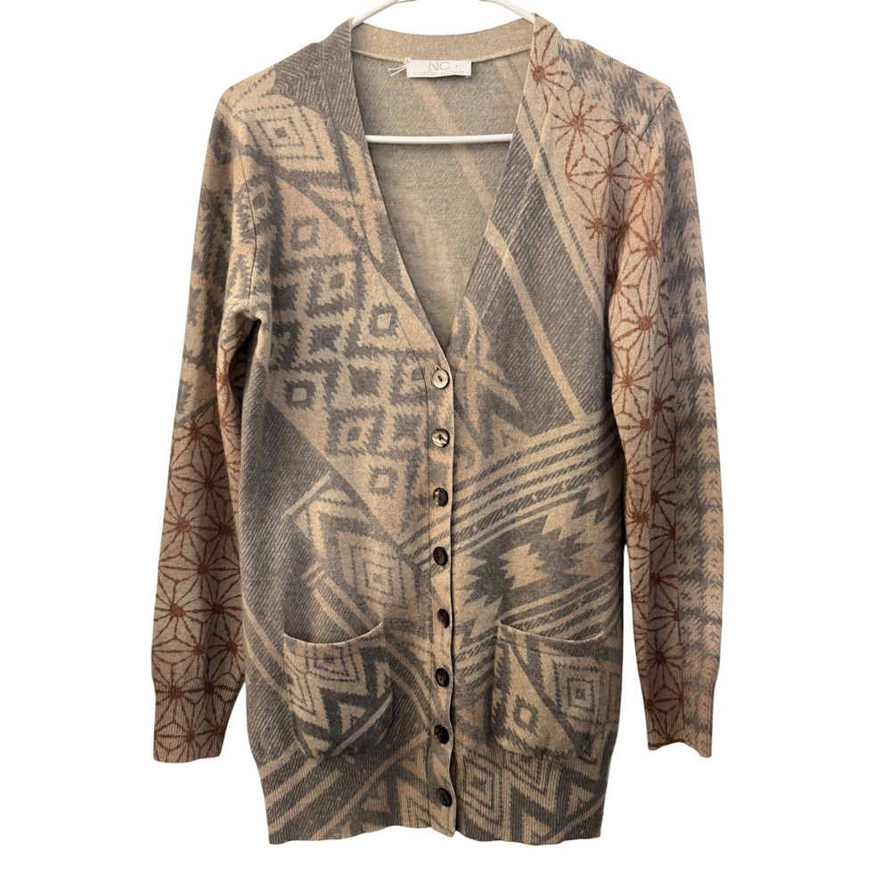 Nice Connection Wool Cashmere Geometric Long Cardigan Elbow Patch Beige Gray 36